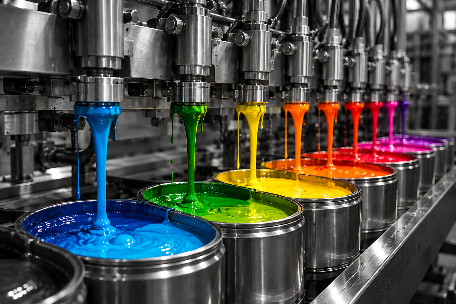 Blue, green, yellow, orange and magenta inks pouring from a production line into steel vats