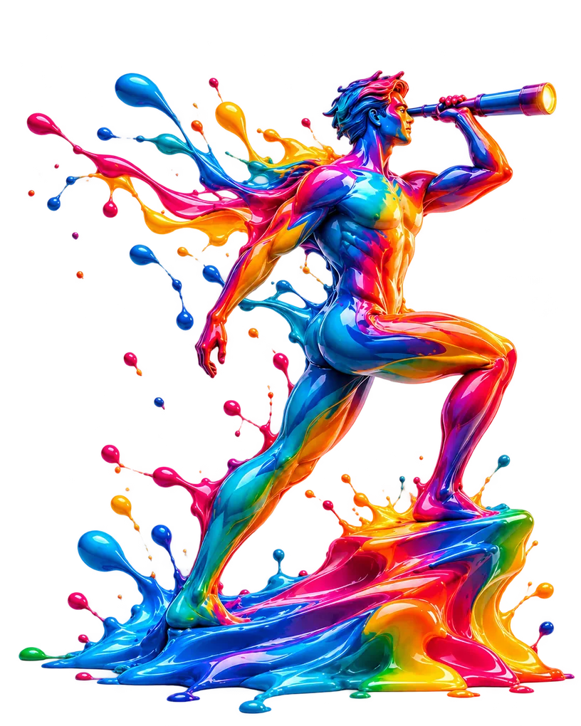 A figure sculpted from liquid ink sighting the distance through a spyglass, ink cresting under its feet
