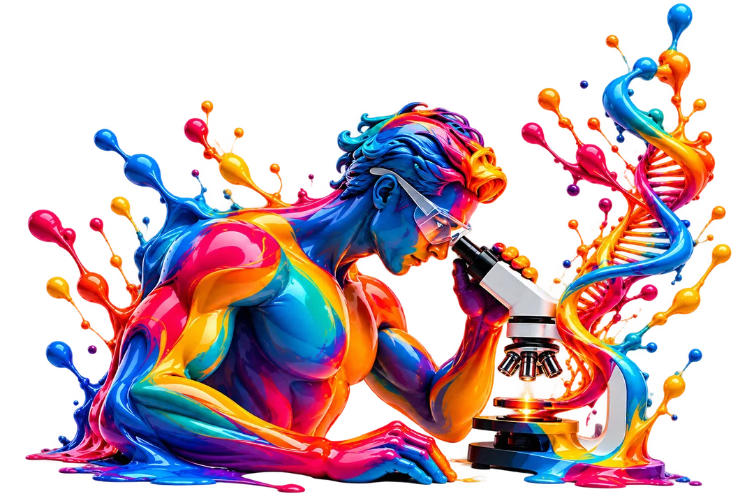 A figure sculpted from liquid ink studying a sample under a microscope, a helix of colour rising beside it