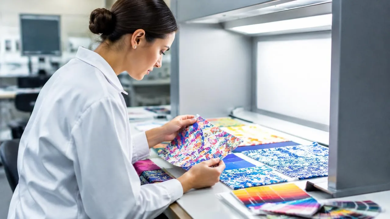A colleague checking printed colour swatches in the lab