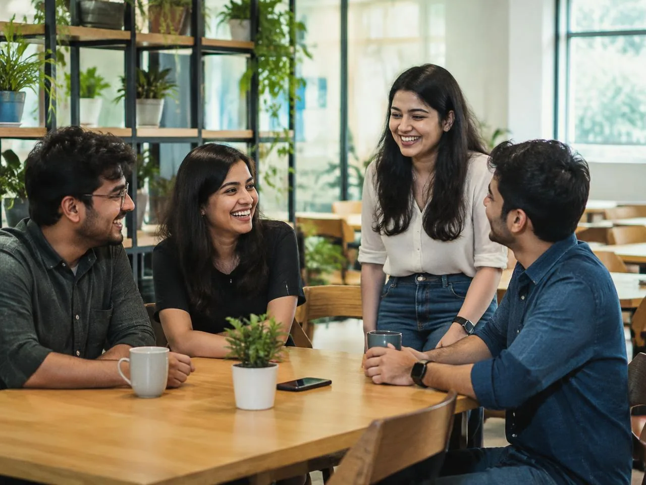 Colleagues laughing together around a table in the office