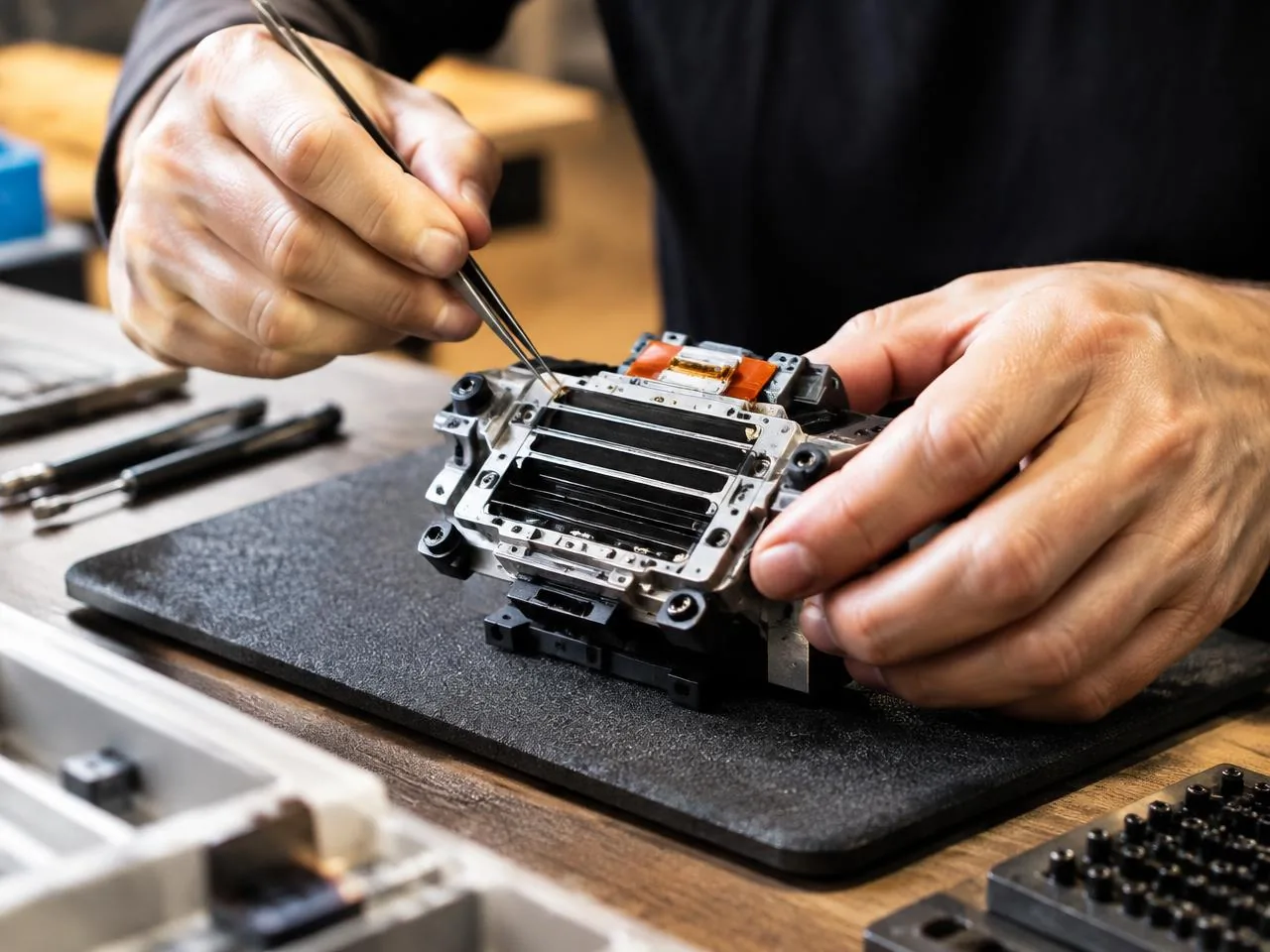 An engineer servicing a printhead at the workbench