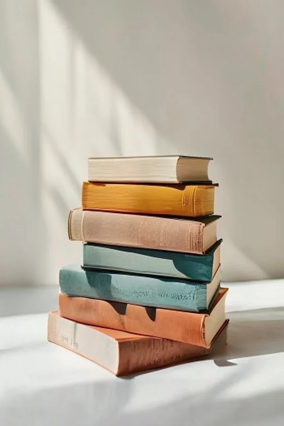 A stack of printed hardback books in soft daylight