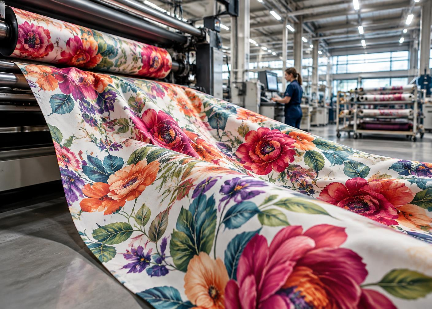 A floral print running off the rollers of an industrial textile printer