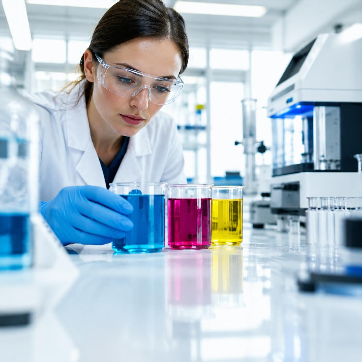 A chemist measuring cyan, magenta and yellow inks in beakers