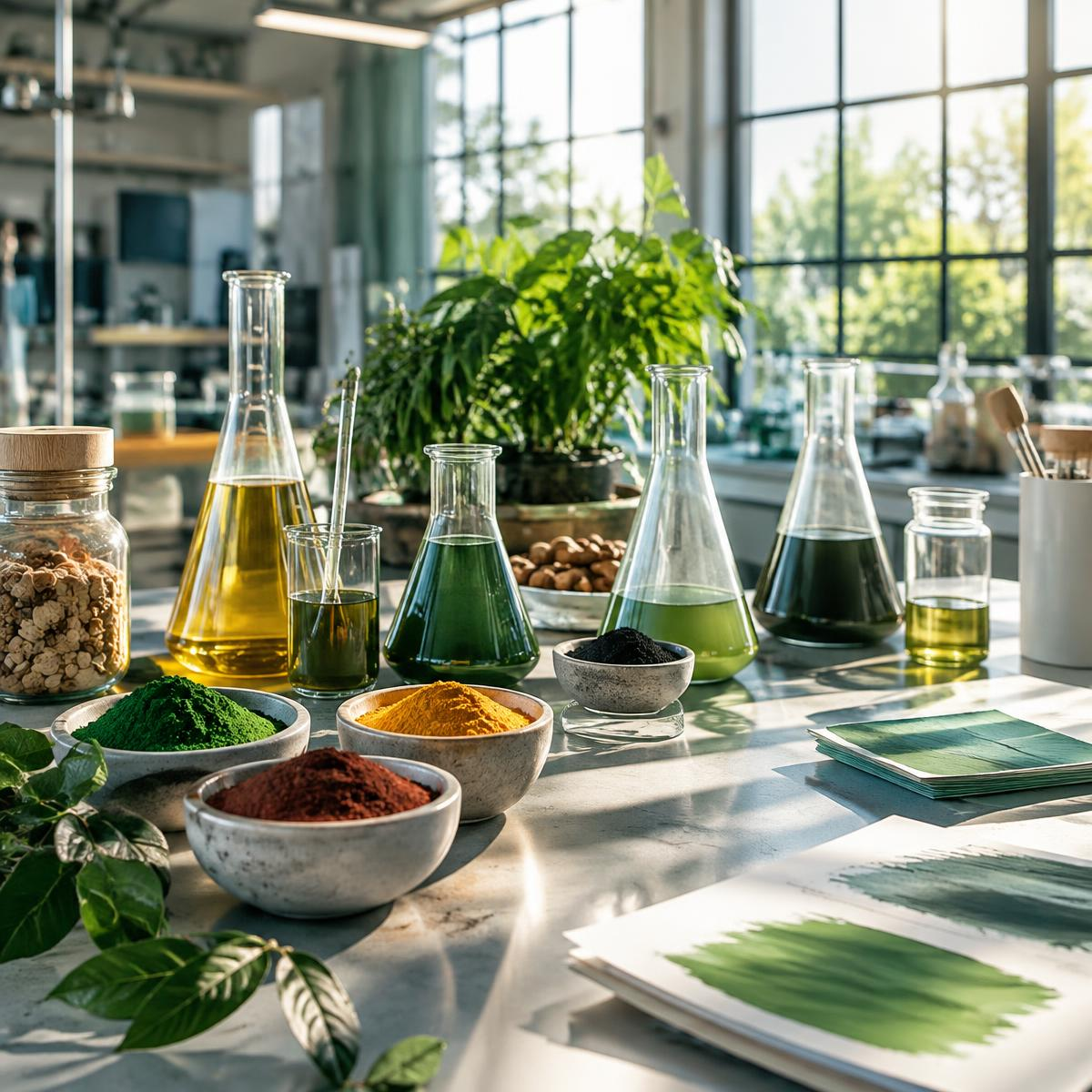 Plant-based pigments and oils in flasks beside green print swatches