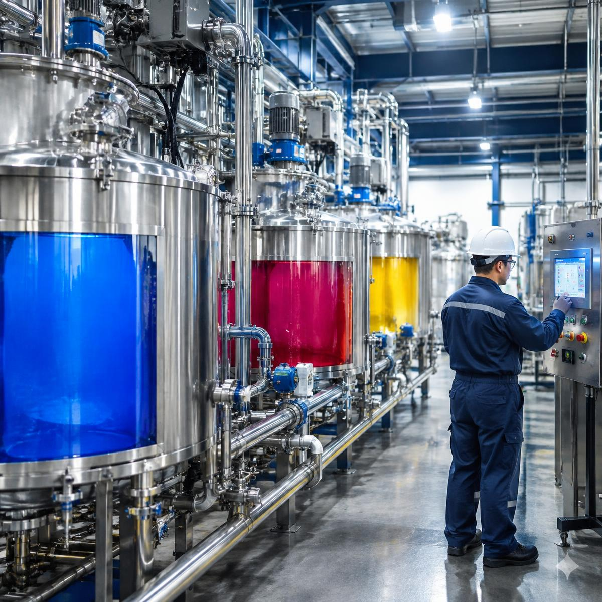 An engineer at the controls of steel ink-mixing tanks