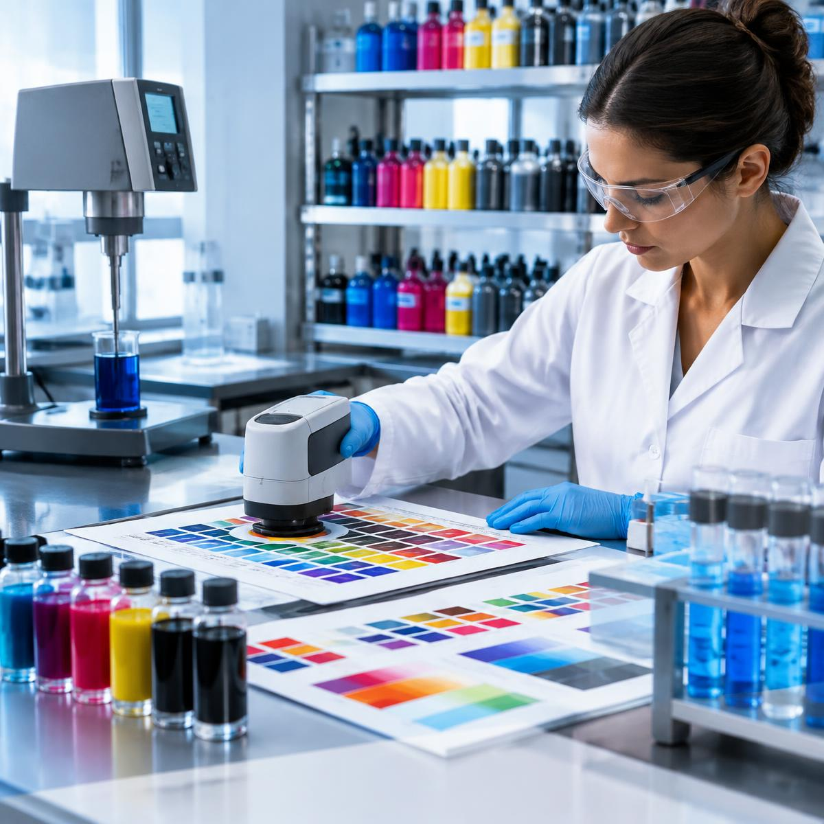 A technician reading a colour chart with a spectrophotometer