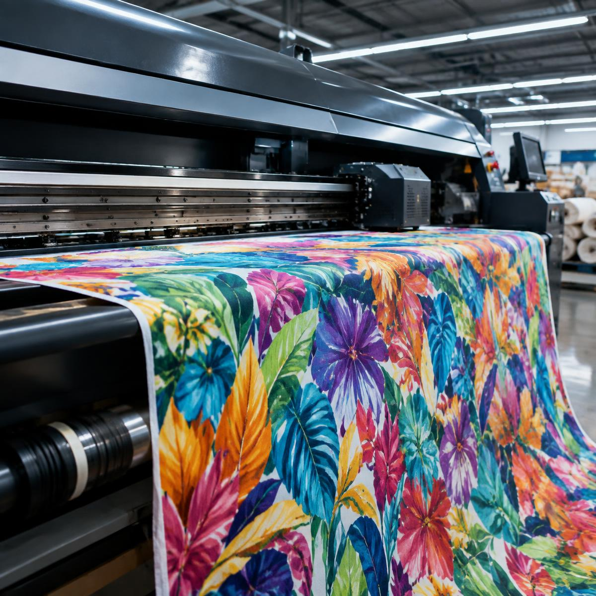 A wide-format printer running a bright floral print on fabric