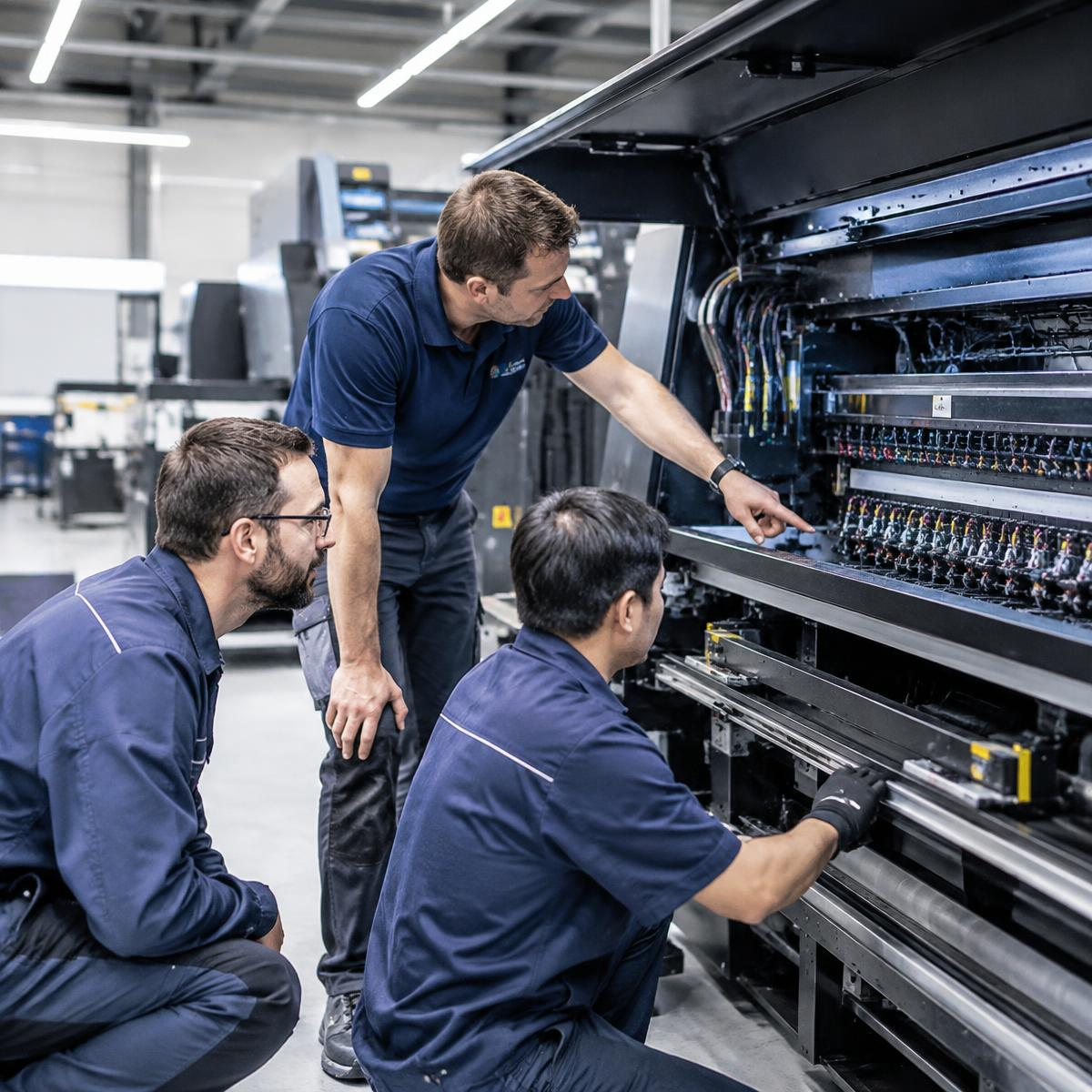 Three service engineers working inside an industrial printer